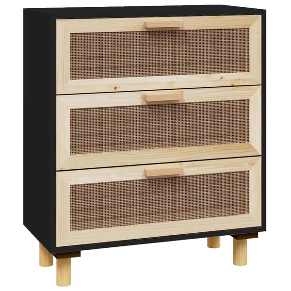 vidaXL Credenza Nera 60x30x70 cm Legno Massello Pino e Rattan Naturale