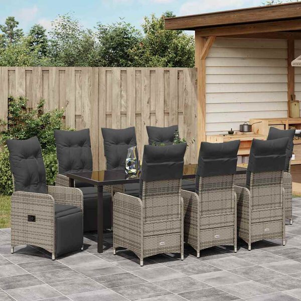 vidaXL Set da Pranzo per Giardino con cuscino 9 pcs Grigio Poly Rattan
