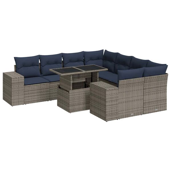 vidaXL Set Divano da Giardino 9pz con Cuscini Grigio Polyrattan Acacia