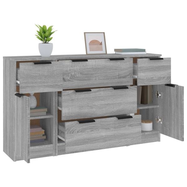 vidaXL Set di Credenze 3 pz Grigio Sonoma in Legno Multistrato