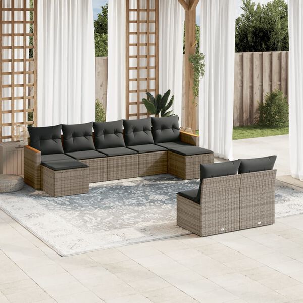 vidaXL Set Divano da Giardino 9 pz con Cuscini Grigio in Polyrattan