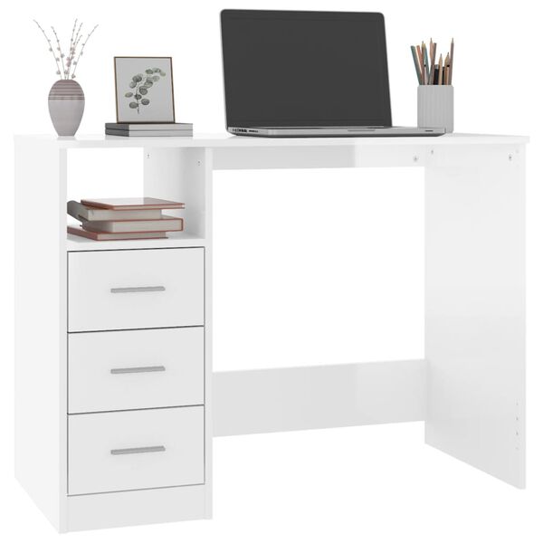 vidaXL Scrivania Cassetti Bianco Lucido 102x50x76 cm Legno Multistrato