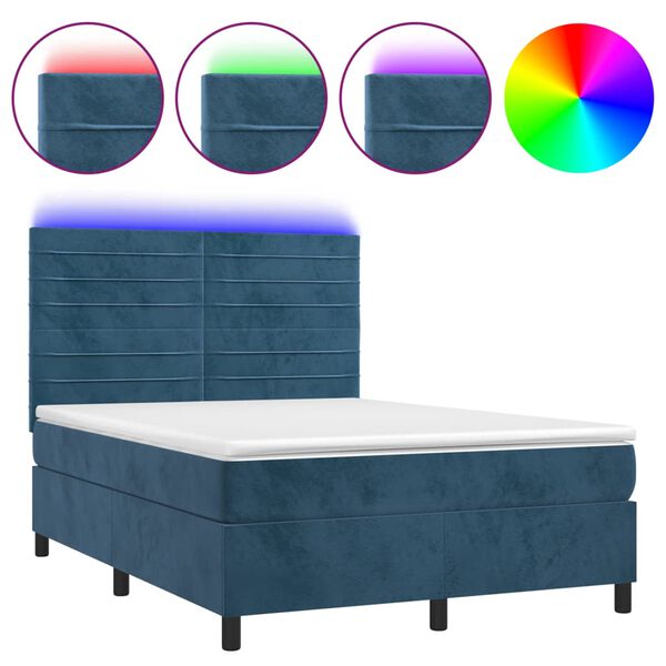 vidaXL Letto a Molle con Materasso e LED Blu Scuro 140x200 cm