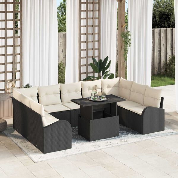 vidaXL Set Divano da Giardino con cuscino 10 pcs Nero Poly Rattan