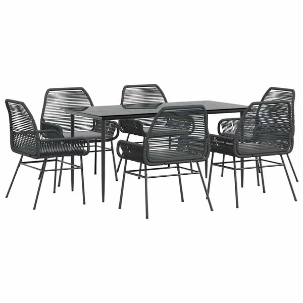 vidaXL Set Pranzo da Giardino 7 pz Nero con Cuscini Polyrattan Vetro