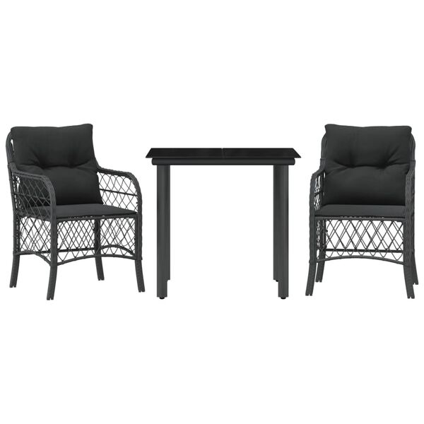 vidaXL Set da Bistr&ograve; 3 pz con Cuscini Nero in Polyrattan