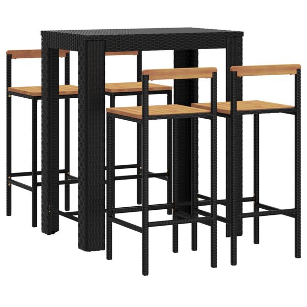 vidaXL Set Bar Giardino 5 pz Nero Polyrattan e Legno Massello Acacia