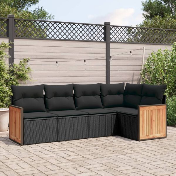 vidaXL Set Divani da Giardino 5 pz con Cuscini in Polyrattan Nero
