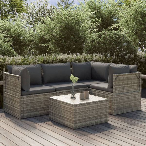 vidaXL Set Divani da Giardino 5 pz con Cuscini in Polyrattan Grigio