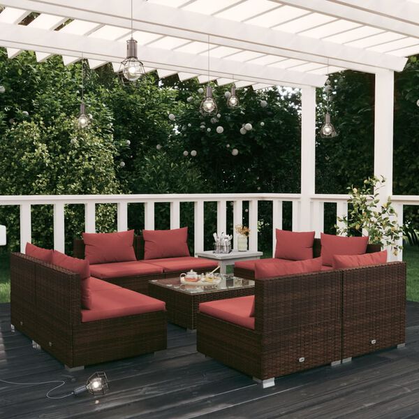 vidaXL Set Divani da Giardino 9 pz con Cuscini in Polyrattan Marrone