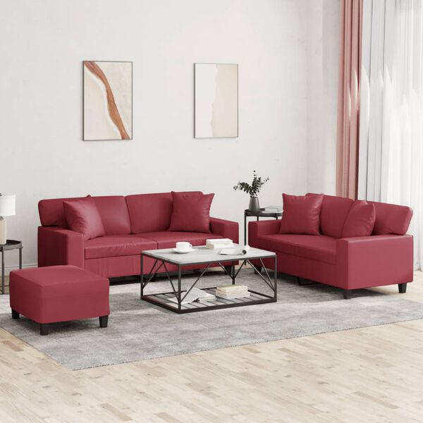 vidaXL Set di Divani 3 pz con Cuscini Rosso Vino in Similpelle