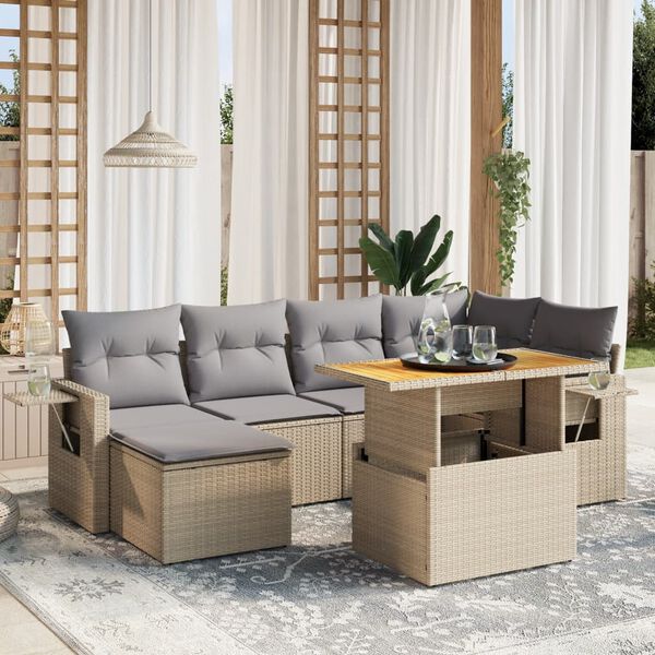 vidaXL Set Divani da Giardino 7 pz con Cuscini Beige in Polyrattan