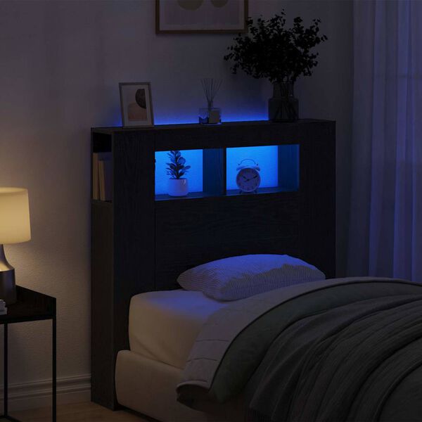 vidaXL Testiera LED con lo scaffale Rovere Nero 100 x 18,5 x 103,5 cm