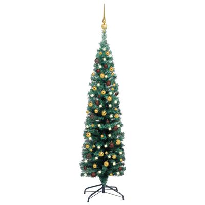 vidaXL Set Albero di Natale Sottile con Luci LED e Palline Verde 120cm