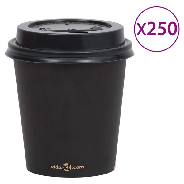 vidaXL Bicchieri di Carta da Caff&egrave; con Coperchi 200 ml 250 pz Neri