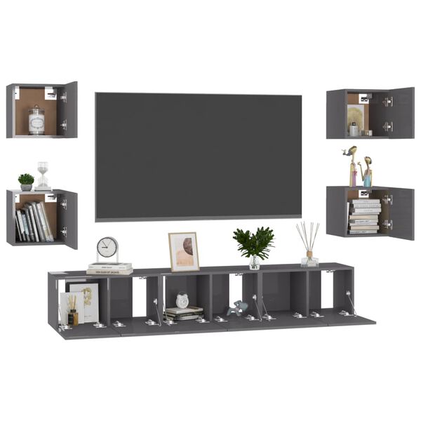 vidaXL Set Mobili TV 7 pz Grigio Lucido in Legno Multistrato