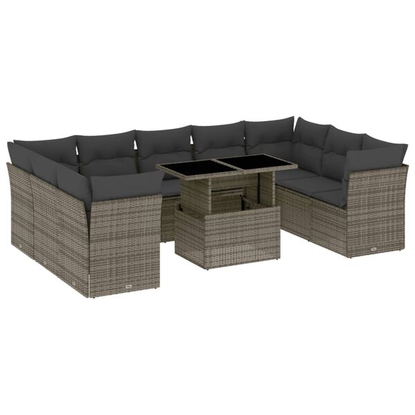 vidaXL Set Divano da Giardino 10 pz con Cuscini Grigio in Polyrattan