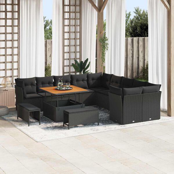 vidaXL Set Divano da Giardino con cuscino 13 pcs Nero polyrattan