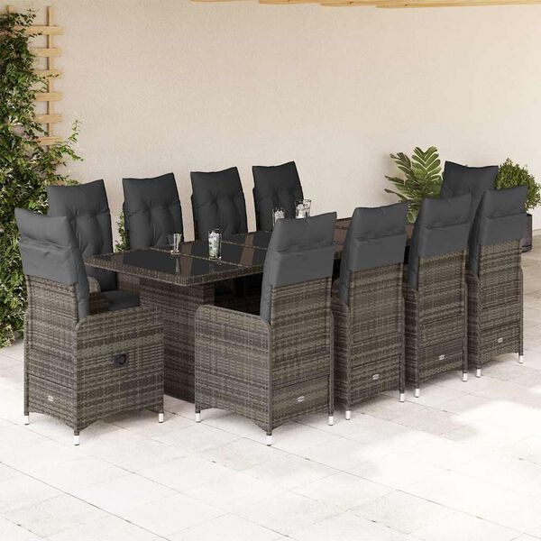 vidaXL Set Bistr&ograve; da Giardino 11 pz con Cuscini in Polyrattan Grigio