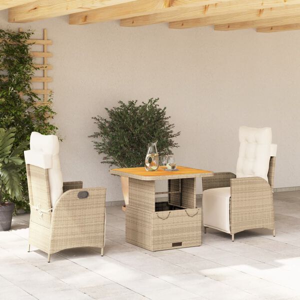 vidaXL Set da Pranzo da Giardino 3 pz con Cuscini Beige in Polyrattan