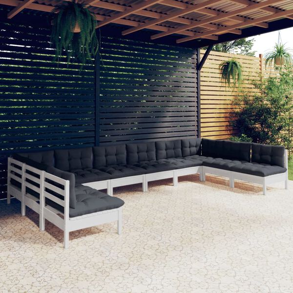 vidaXL Set Divani da Giardino 10 pz con Cuscini Bianchi Legno di Pino