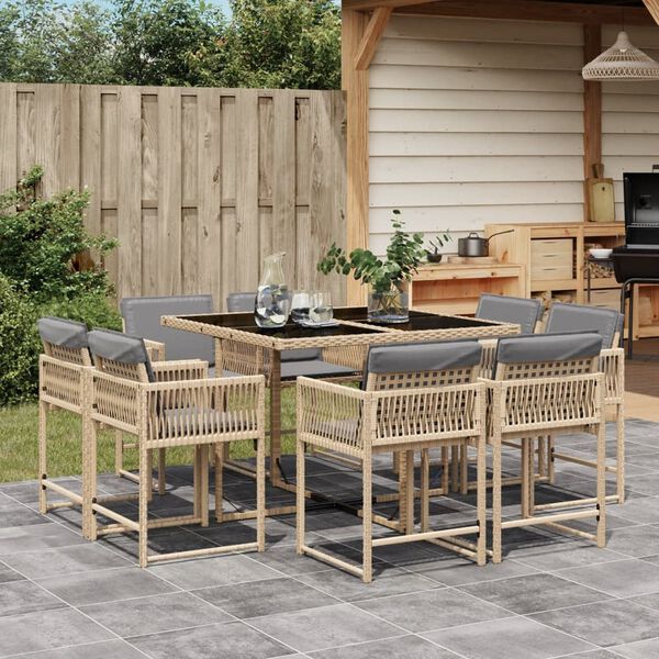 vidaXL Set Pranzo da Giardino 9 pz con Cuscini Beige Misto Polyrattan
