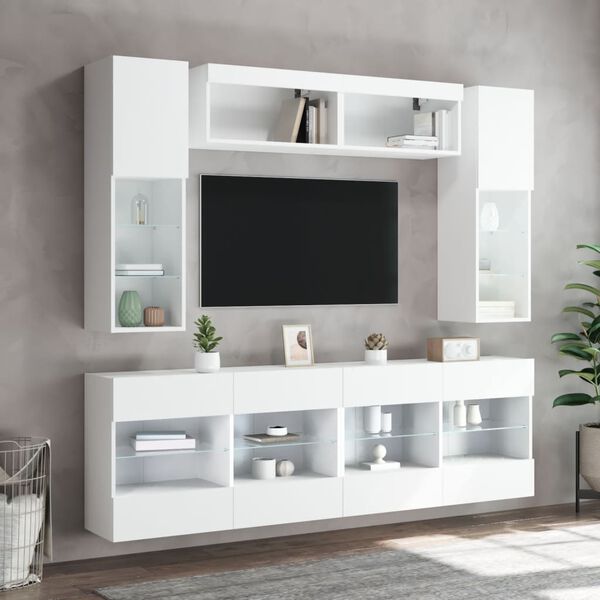 vidaXL Set Mobili TV a Muro 6 pz con Luci LED Bianco