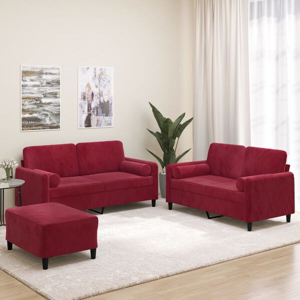 vidaXL Set di Divani 3 pz con Cuscini Decorativi Rosso Vino in Velluto