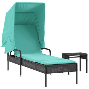 vidaXL Lettino prendisole con tettuccio e Tavolino in Polyrattan Nero