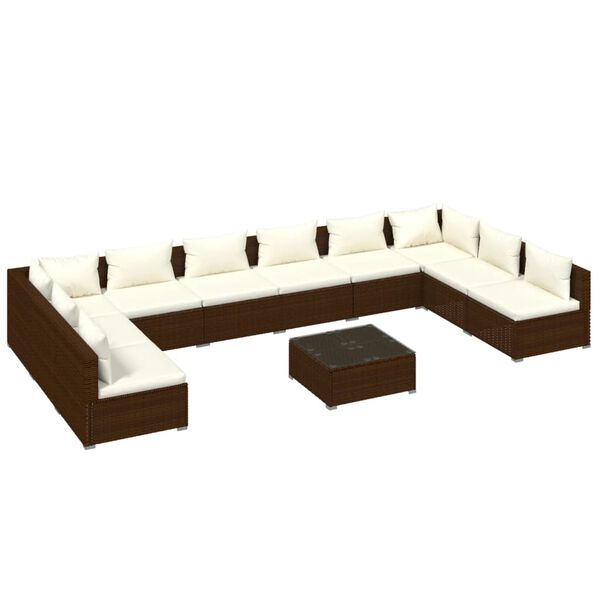 vidaXL Set Divani da Giardino 11 pz con Cuscini in Polyrattan Marrone