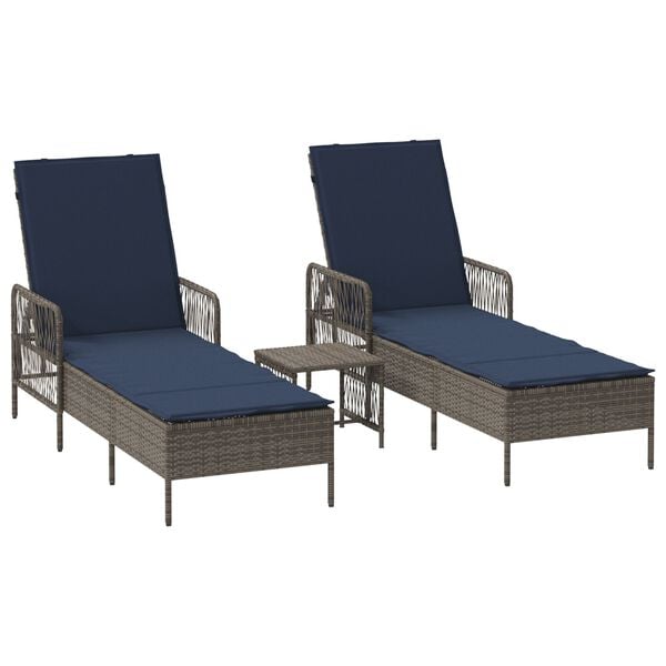 vidaXL Lettino da sole con cuscino 3 pcs Grigio e Blu Navy polyrattan