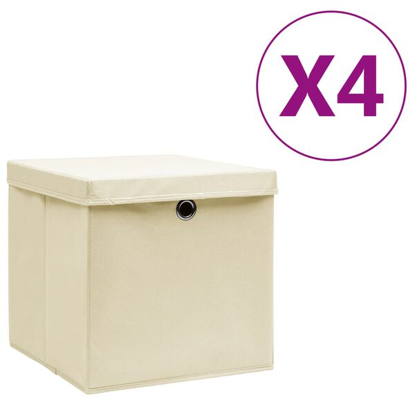 vidaXL Contenitori con Coperchi 4 pz 28x28x28 cm Crema