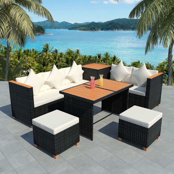 vidaXL Set Divani da Giardino 7 pz con Cuscini in Polyrattan Nero