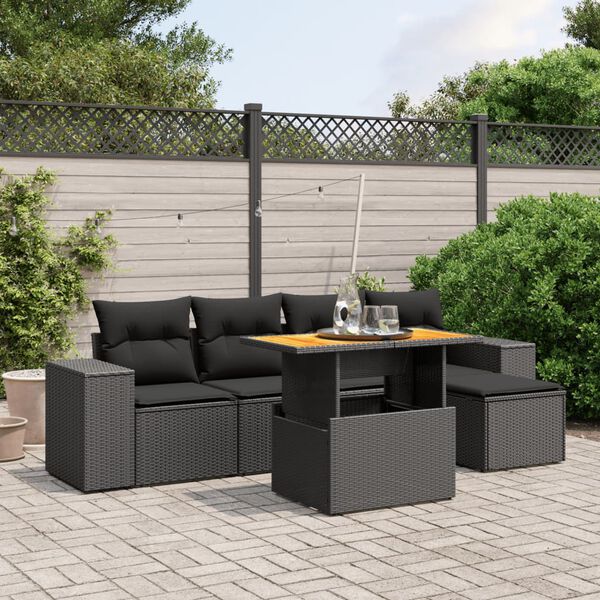 vidaXL Set Divano da Giardino 6 pz con Cuscini Nero in Polyrattan