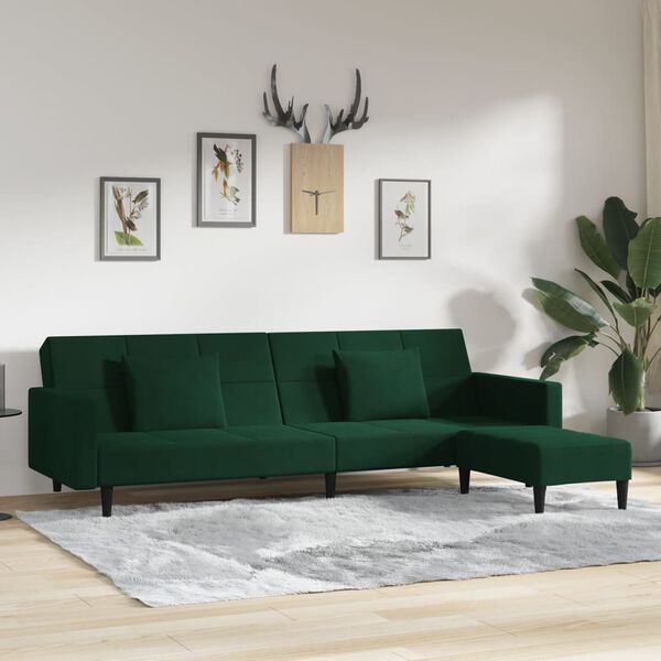 vidaXL Divano Letto 2 Posti 2 Cuscini Poggiapiedi Verde Scuro Velluto