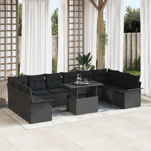 vidaXL Set Divano da Giardino con cuscino 11 pcs Nero Poly Rattan