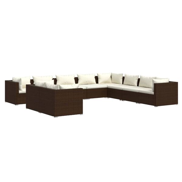 vidaXL Set Divani da Giardino 10 pz con Cuscini in Polyrattan Marrone