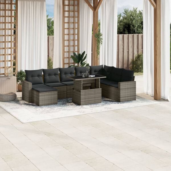 vidaXL Set Divano da Giardino 9 pz con Cuscini Grigio in Polyrattan