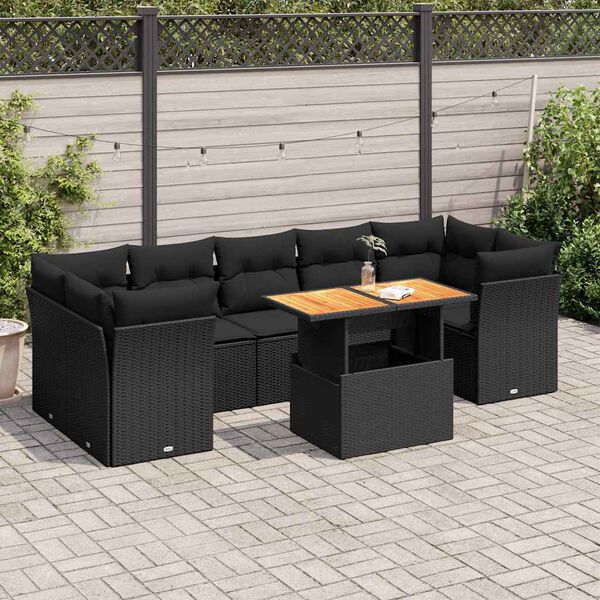 vidaXL Set Divani da Giardino con Cuscini 8 pz Nero in Polyrattan