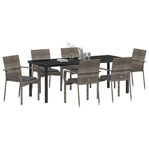 vidaXL Set da Pranzo per Giardino con cuscino 7 pcs Grigio polyrattan