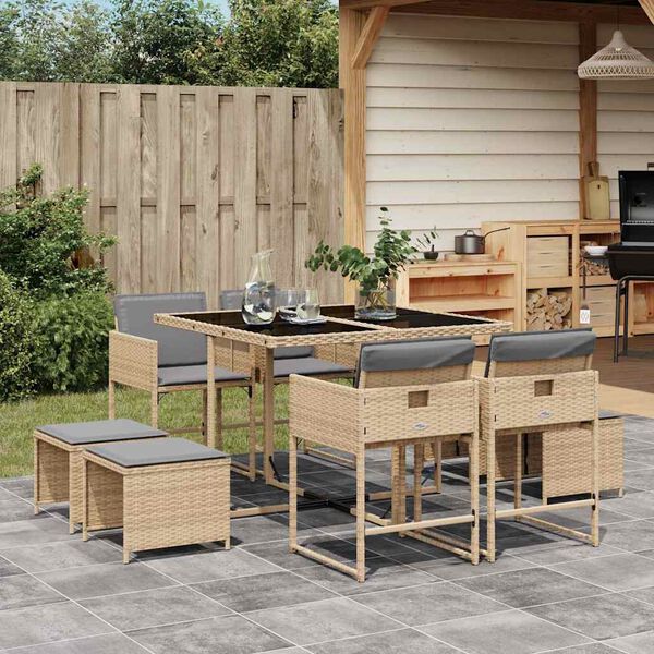 vidaXL Set Pranzo da Giardino 9 pz con Cuscini Beige Misto Polyrattan