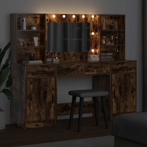 vidaXL Set da tavolo da trucco con LED con cassetto 3 pcs Rovere fum&eacute;