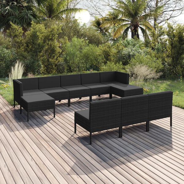 vidaXL Set Divani da Giardino 10 pz con Cuscini in Polyrattan Nero
