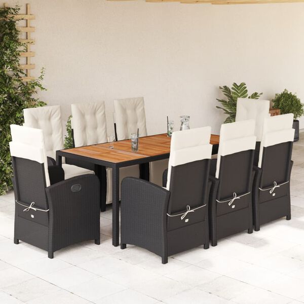 vidaXL Set da Pranzo da Giardino 9 pz con Cuscini Nero in Polyrattan
