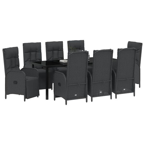 vidaXL Set da Pranzo per Giardino con cuscino 9 pcs Nero polyrattan