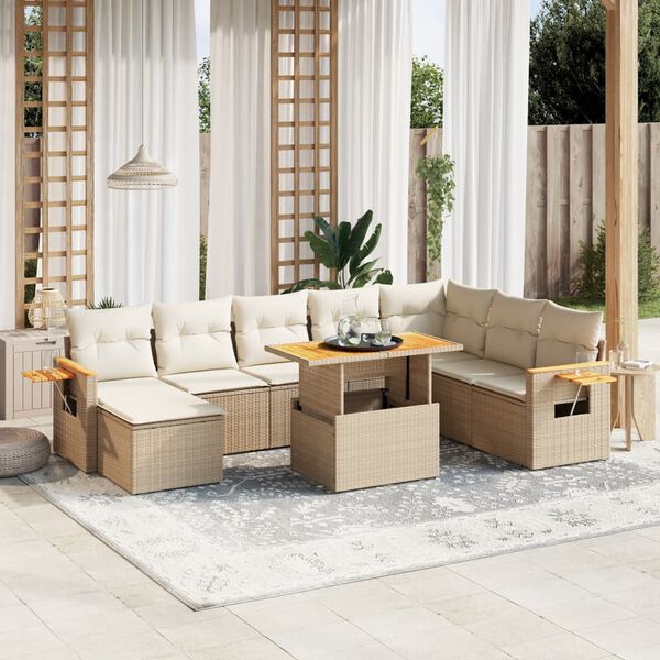 vidaXL Set Divano da Giardino 9 pz con Cuscini Beige in Polyrattan