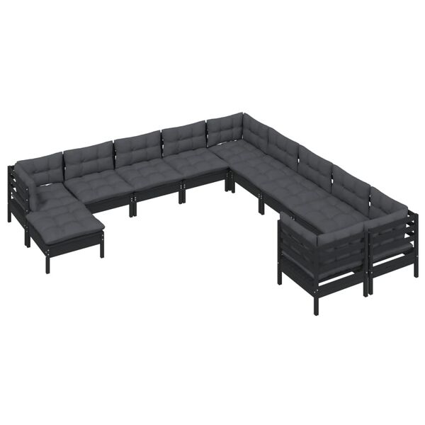 vidaXL Set Divani da Giardino 11 pz con Cuscini Massello di Pino Nero