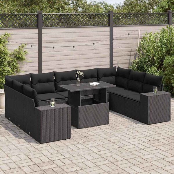 vidaXL Set Divani da Giardino 10pz con Cuscini in Polyrattan Nero