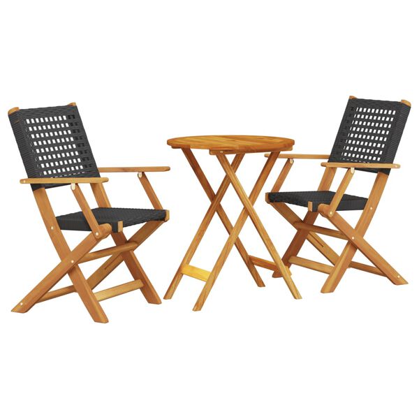 vidaXL Set da Bistrot 3 pz Nero in Polyrattan e Legno Massello