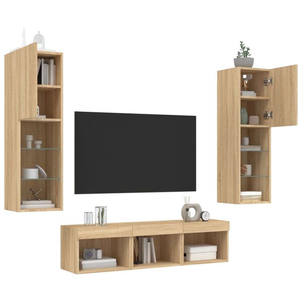 vidaXL Mobili TV a Muro con LED 5pz Rovere Sonoma Legno Multistrato